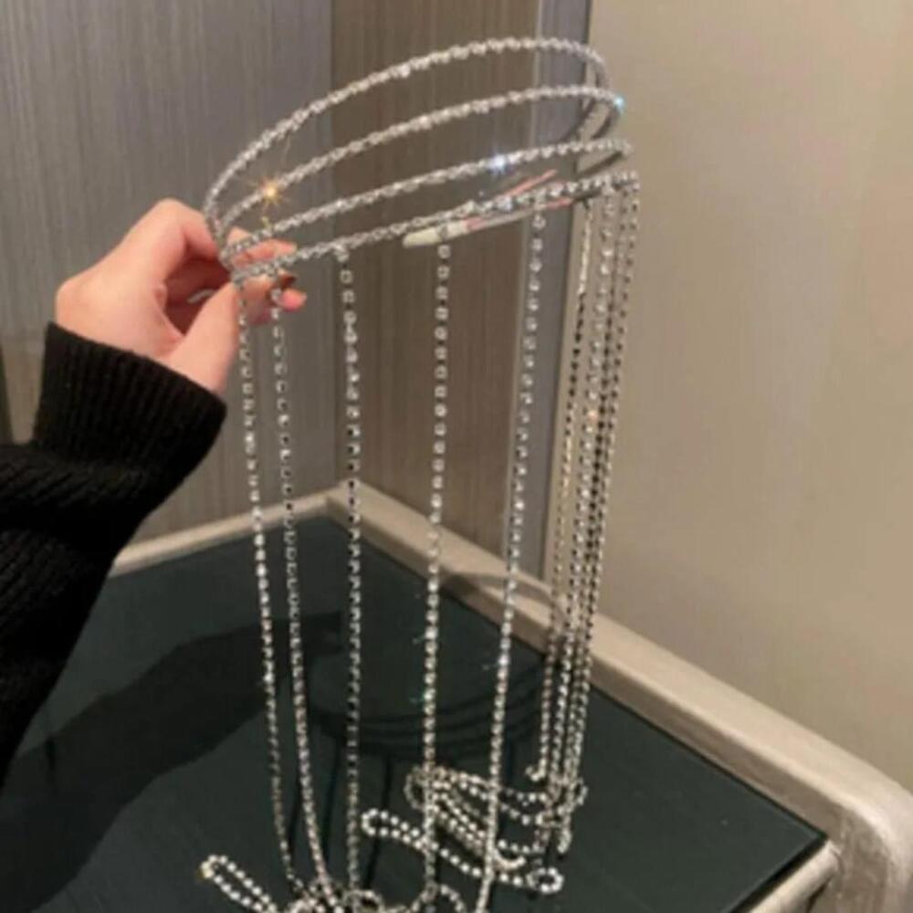 Four Layered Fringe Rhinestone Long Headband In Silver